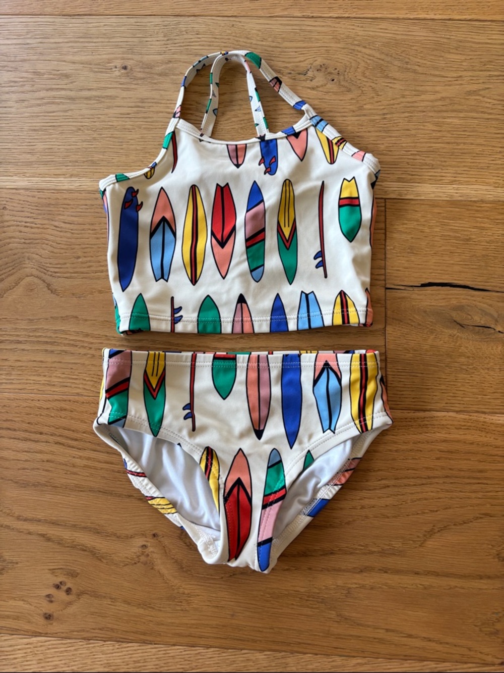 Hanna Andersson Cream Two-Piece Swim Set with Multi-Color Surfboard Print Size 4